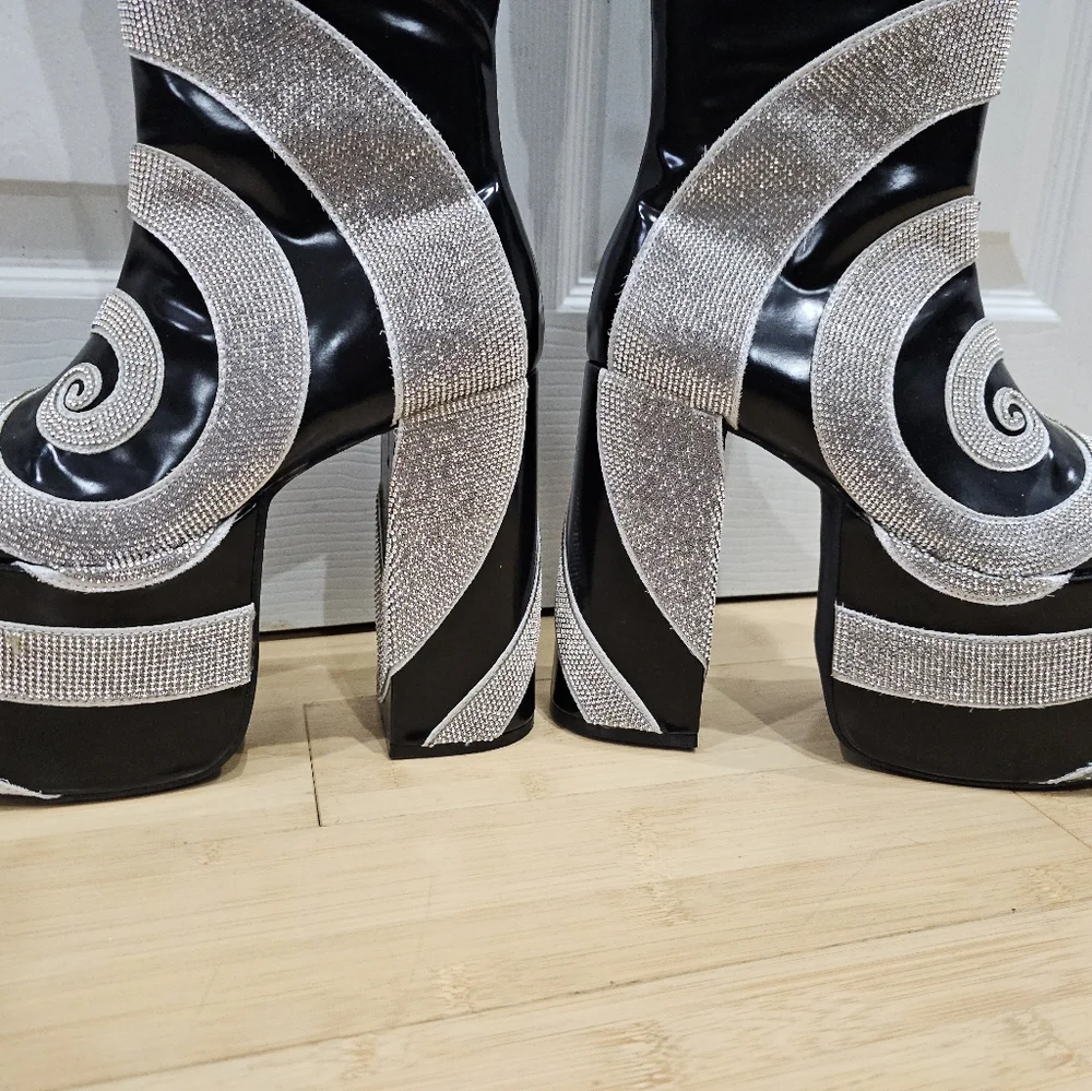 Dolls Kill Current Mood How Sweet It Is Platform Rhinestone Swirl Black Boots 8 - Picture 9 of 16
